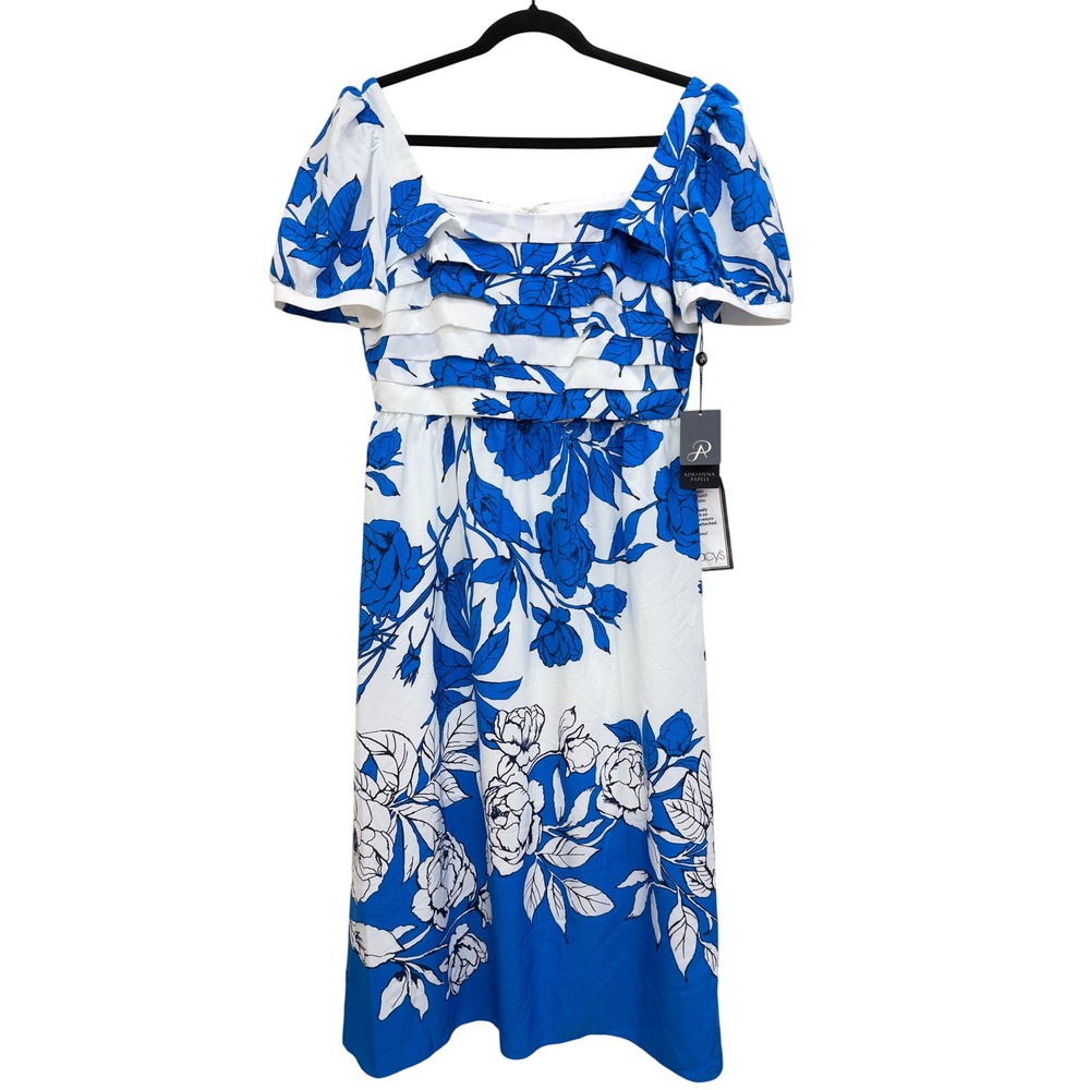 Adrianna Papell Floral Smocked Midi Dress Womens 8 NWT Blue Ivory MSRP $159